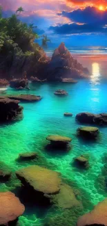 Tropical sunset with turquoise sea and rocky shoreline.