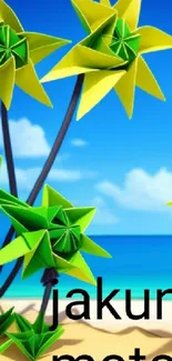 Origami palm trees on a tropical beach with clear blue skies.