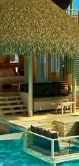 Stunning overwater bungalow with turquoise waters and wooden deck.