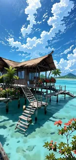 Tropical overwater bungalow with clear turquoise waters and vibrant flowers.