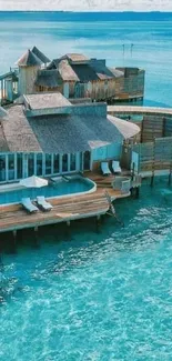 Overwater bungalow with turquoise ocean view, perfect for a tropical getaway.