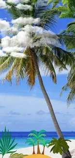 Tropical beach with palm trees and blue ocean under a clear sky.