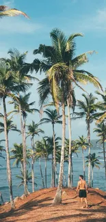 Serene tropical beach with palm trees and clear sky.