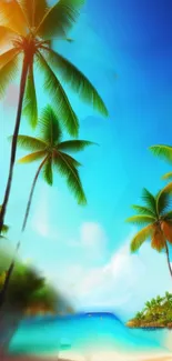 Tropical beach with palm trees and blue sky, ideal for mobile wallpaper.