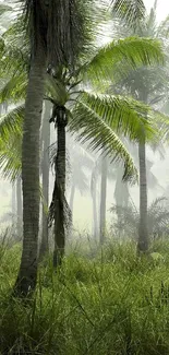 Lush palm forest with misty atmosphere, showcasing vibrant green foliage.