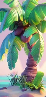 Lush tropical palm tree on a small island.