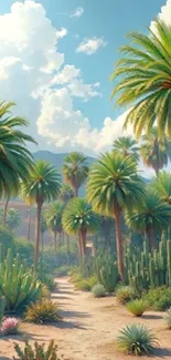 Tropical palm oasis with vibrant greenery and clear sky.