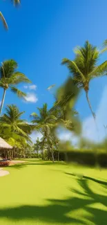 Tropical paradise with palm trees and a clear blue sky on a sunny day.