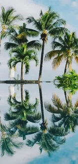 Palm trees reflecting on tranquil water under a blue sky.