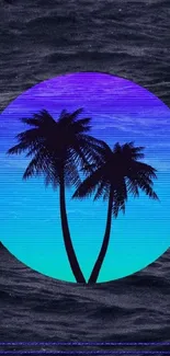 Silhouetted palm trees against a vibrant blue gradient circle.