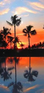 Tropical sunset with palm tree reflections over calm water.