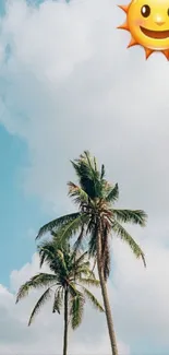 Palm trees under sunny sky with emoji.