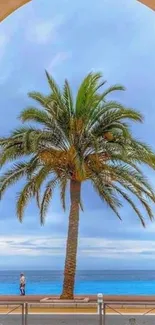 Palm tree and blue sea under a clear sky wallpaper.