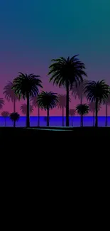 Tropical palm trees silhouette at sunset with vibrant gradient background.