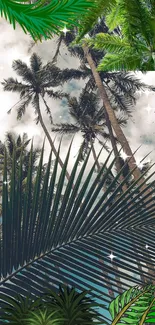 Tropical palm trees with green leaves under a blue sky, perfect for mobile wallpaper.