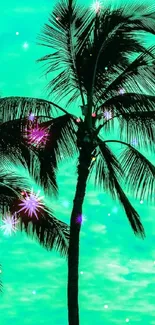 Tropical palm trees silhouetted against a bright teal sky background.