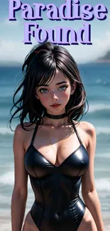 Anime character on a scenic beach with ocean backdrop.