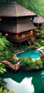 Tropical bamboo house with pool amid lush green forest