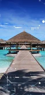 Tropical beach with turquoise water and wooden hut under blue sky.