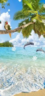 Tropical beach with palm trees, dolphins, and parrots under a sunny sky.