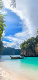 Tropical beach with a boat and turquoise waters under a partly cloudy sky.
