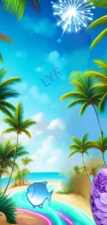 Palm trees and ocean under blue sky with fireworks in vibrant tropical wallpaper.