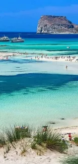 Tropical beach wallpaper with turquoise ocean and sunny sky.