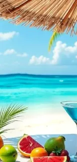 Tropical beach scene with ocean, palm trees, and a cocktail.