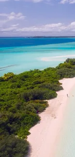 Tropical beach with turquoise water and lush greenery under a clear sky.