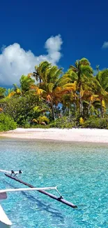 Tropical beach with palm trees and clear ocean water under a bright blue sky.