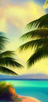 Lush palm trees with a tropical beach and vibrant sky.