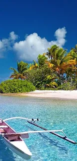 Tropical beach with a boat and clear blue waters under a bright sky.