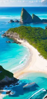 A breathtaking tropical beach with turquoise waters and lush greenery.