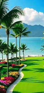 Tropical beach with palm trees and vibrant flowers