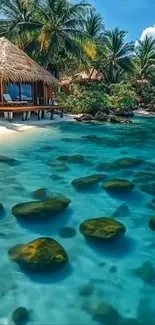 Tropical paradise with a beach hut and crystal-clear ocean.