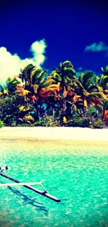 Vibrant tropical beach scene with palm trees and turquoise ocean.