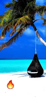 Tropical beach with palm tree and turquoise sea under a blue sky.