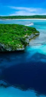 Tropical beach wallpaper with blue waters and green foliage.