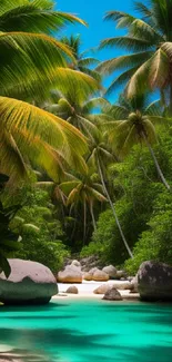 Tropical beach scene with palm trees and turquoise lagoon.