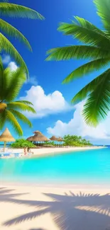 A serene tropical beach with palm trees and turquoise water under a bright sky.