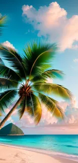 Palm trees on a tropical beach with ocean and sky.