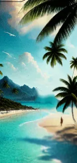 Tropical beach with palm trees and blue ocean under clear sky.