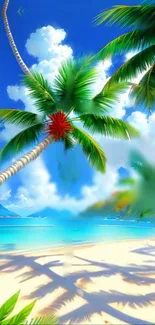 Tropical beach scene with palms and clear blue skies in vibrant colors.