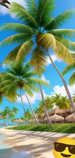 Tropical beach with palm trees and ocean in a sunny paradise scene.