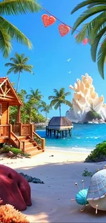 Tropical paradise beach with ocean view and palm trees wallpaper.