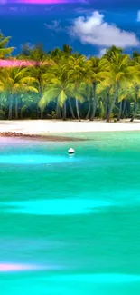 Tropical beach with turquoise water and palm trees.