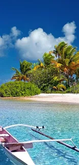 Tropical beach with a boat on turquoise water under a blue sky.