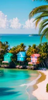 Tropical beach with colorful huts and palm trees under a bright blue sky.