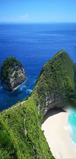 Tropical beach with blue waters and green cliffs under a sunny sky.