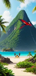Tropical beach with mountain and parrot flying over the ocean.